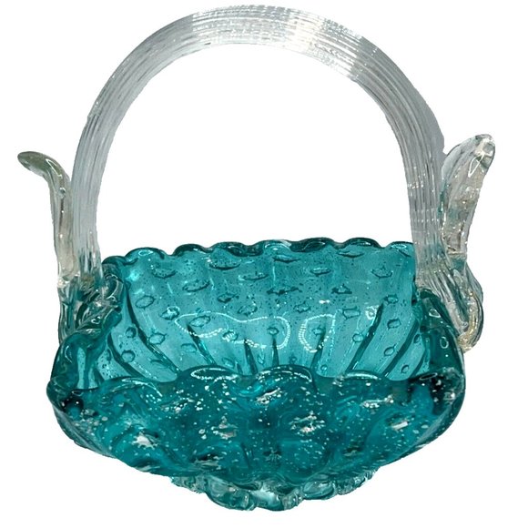 Vintage MidCentury Blue Murano Art Glass Basket Bullicante Bubbles Silver Flakes